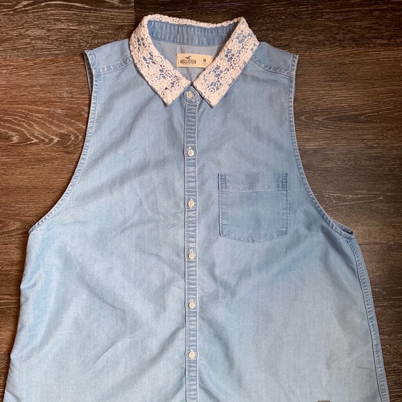 Hollister denim button down tank w lace collar M - Picture 2 of 4